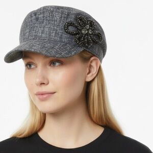 Gray Beaded Floral Cadet Cap Women One Size